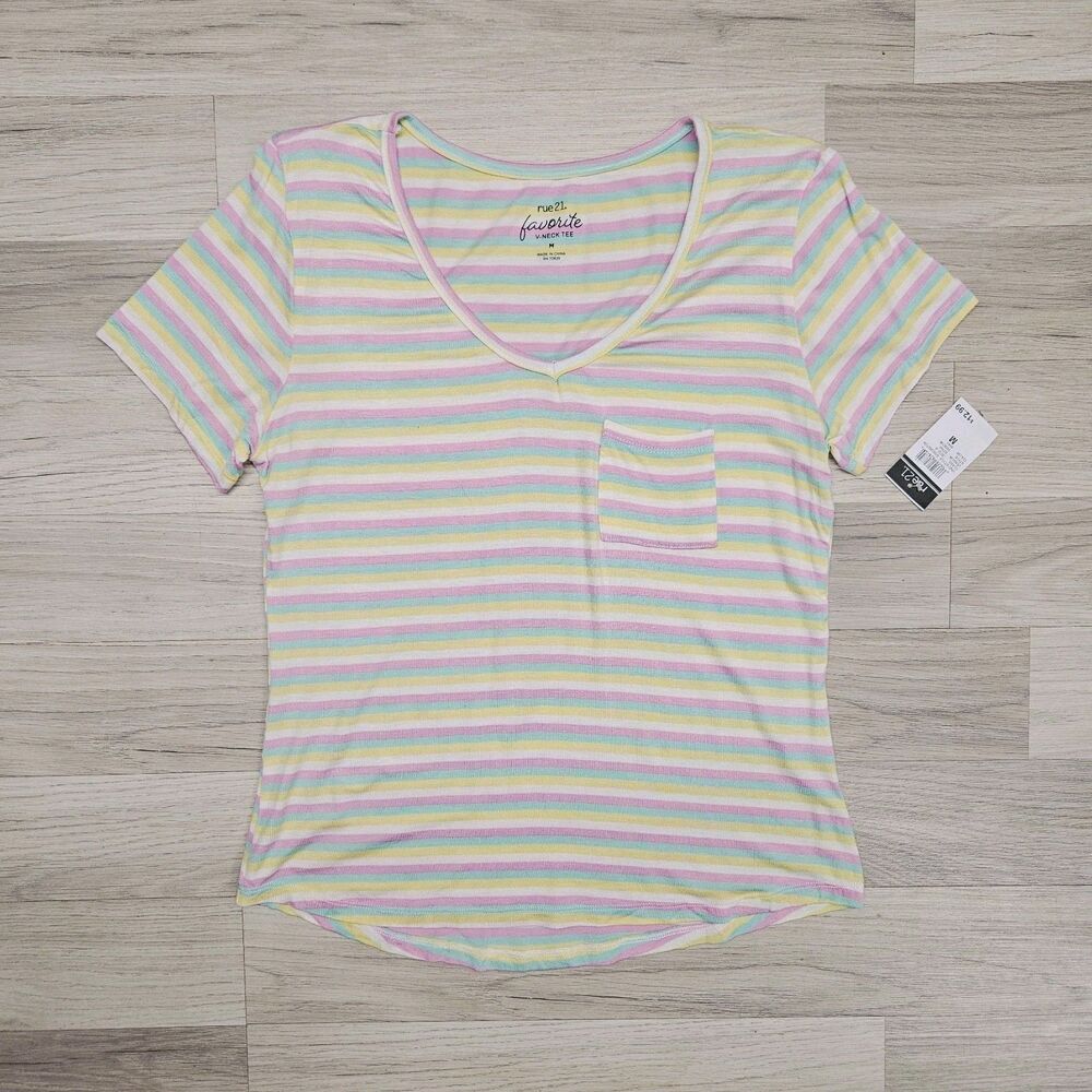 Rue 21 Womens Colorful Stripe T-shirt Size Medium Favorite V-neck Tee